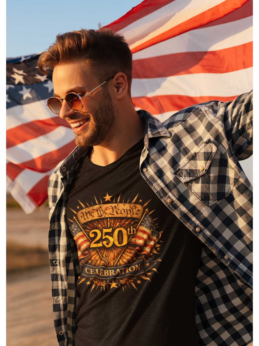 "American Freedom- We the People 250th Celebration patriotic graphic t-shirt featuring American flag "