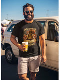 "America Strong patriotic graphic t-shirt featuring a Liberty Bell, American flags, We The People banner, and vintage Americana artwork"