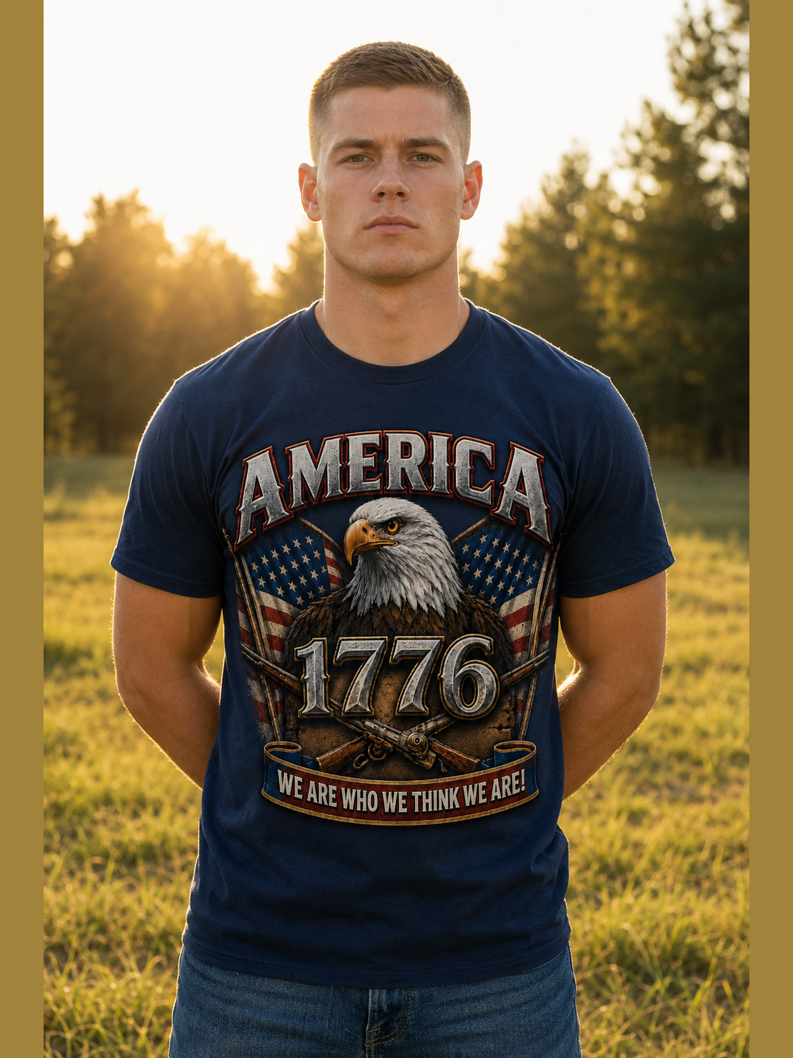 1776 graphic t-shirt featuring a bald eagle, crossed rifles, and  American flags.